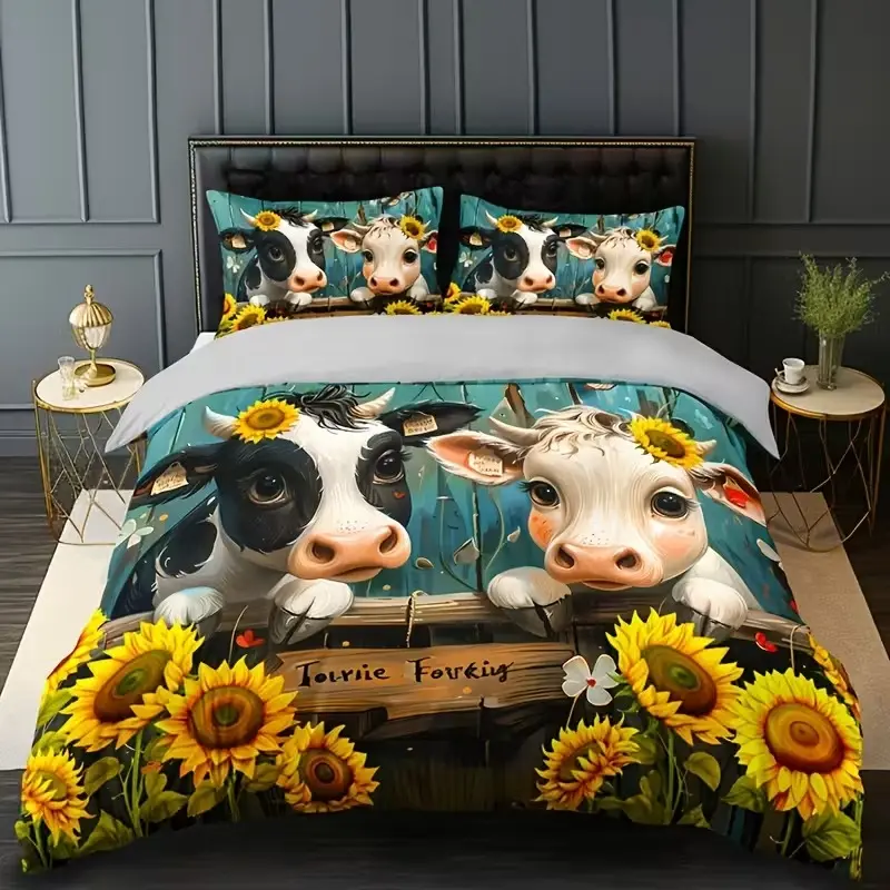 3-Piece Cow Sunflower Down Comforter Set, Includes 1 Duvet Cover & 2 Pillowcases, Soft Cozy Bedroom Bedding Decor