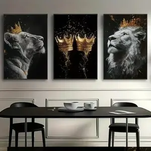 3pcs  Artistic Golden Crown and Lion Hanging Poster Print Wall Decoration Modern Animal Theme Canvas Painting Living Room Bedroom Home Frameless Decoration