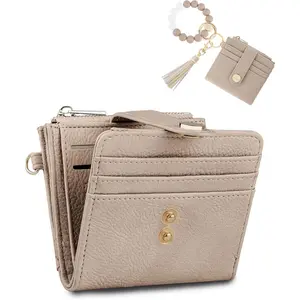 Small Wristlet Wallets for Women Keychain Wristlet Wallet RFID Blocking Key Chain Wallet With Zipper Coin Pocket,2 Id Window (Light Camel)