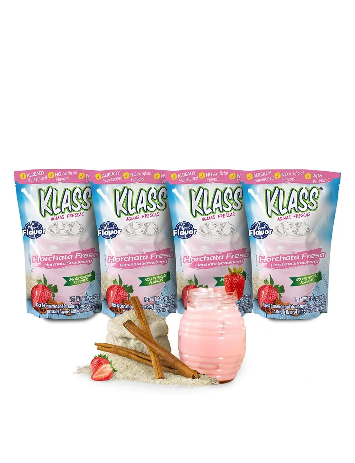 Klass Aguas Frescas Drink Mix Family Pack Strawberry Horchata Powder Drink Mix with Natural Flavors Vit C Makes 28–36 Quarts 56–72 Drinks