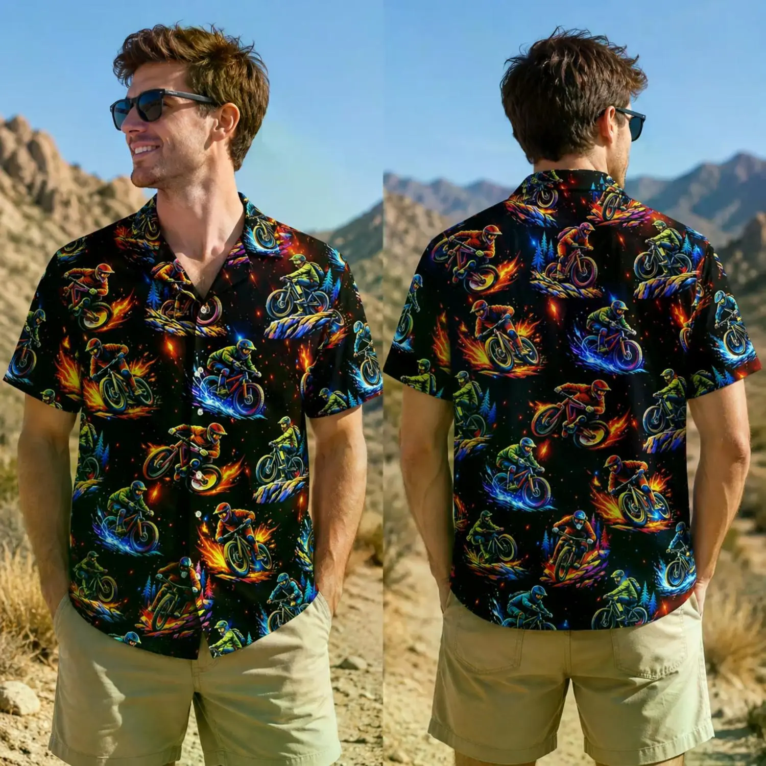 Aloha Mountain Biking Shirt for Adults and Youth, Downhill Cycling Button-Up, BMX Camp Collar Top, Motocross Beachwear, Trail Rider Vacation Outfit, Extreme Sports Gift, Tropical Casual Apparel, Unisex Summer Clothing