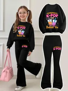 Girls' Trendy K-Pop Milk Tea Hoodie Flared Bell Bottoms Set, Fun Graphic Pattern, Fitted, Breathable, Comfortable, Perfect for All Seasons