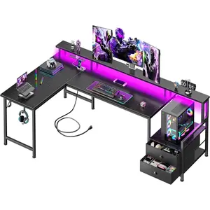 66'' L Shaped Gaming Desk with Drawers and Storage Shelves, Reversible Corner Desk with Power Outlets and Host Stand, Large Computer Desk with Led Lights for Gaming, Work, Home Office outdoorfun L-Shaped Lift Top