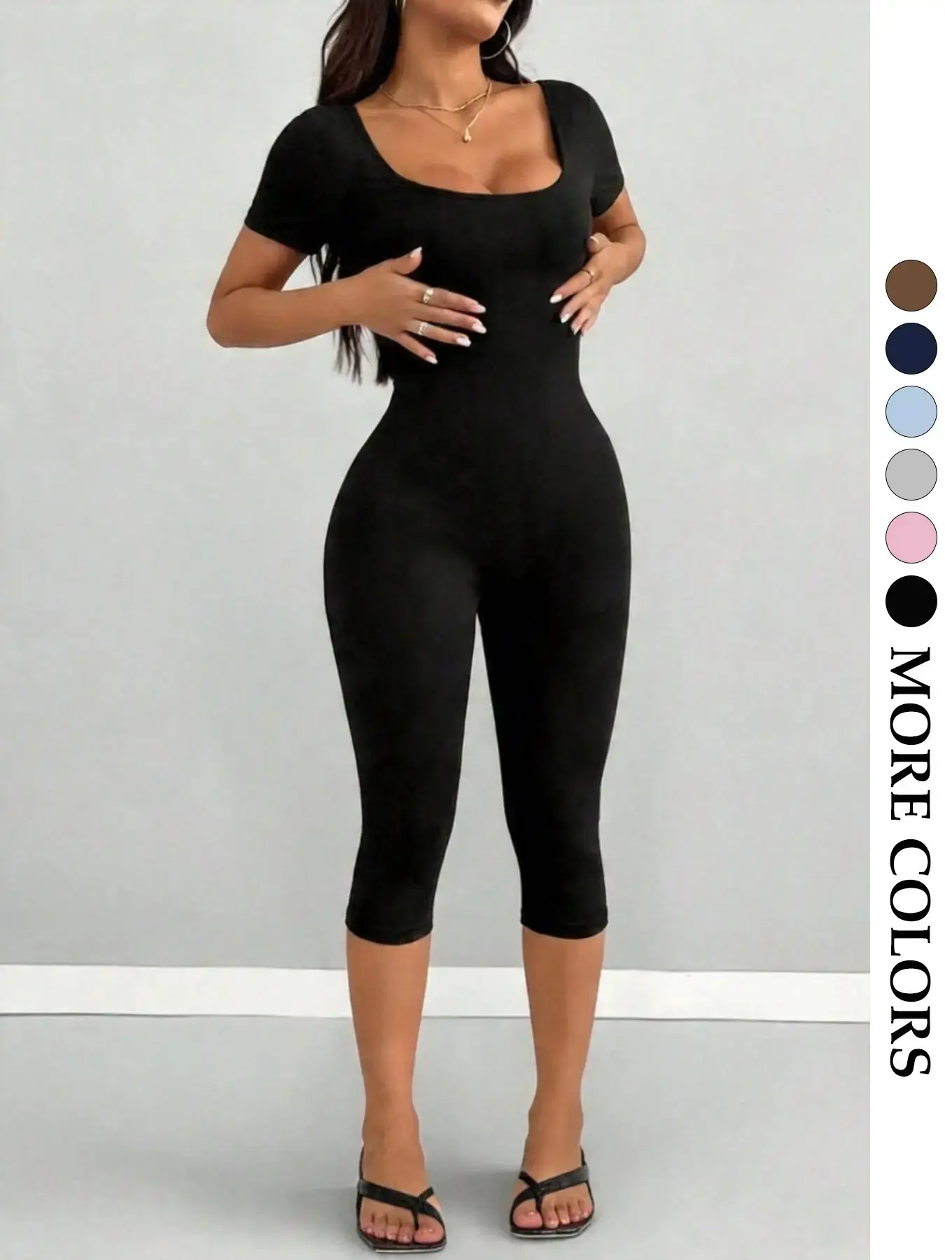 Women's Summer U-Neck Slim Jumpsuit, Stretchy Shaping Capri Jumpsuit, Tummy Control & Hip Lifting Short Sleeve Jumpsuit, Minimalist Y2K Style, All-Season Versatile Jumpsuit for Yoga, Fitness and Daily Wear, Sculpting Jumpsuit, Fit Jumpsuits