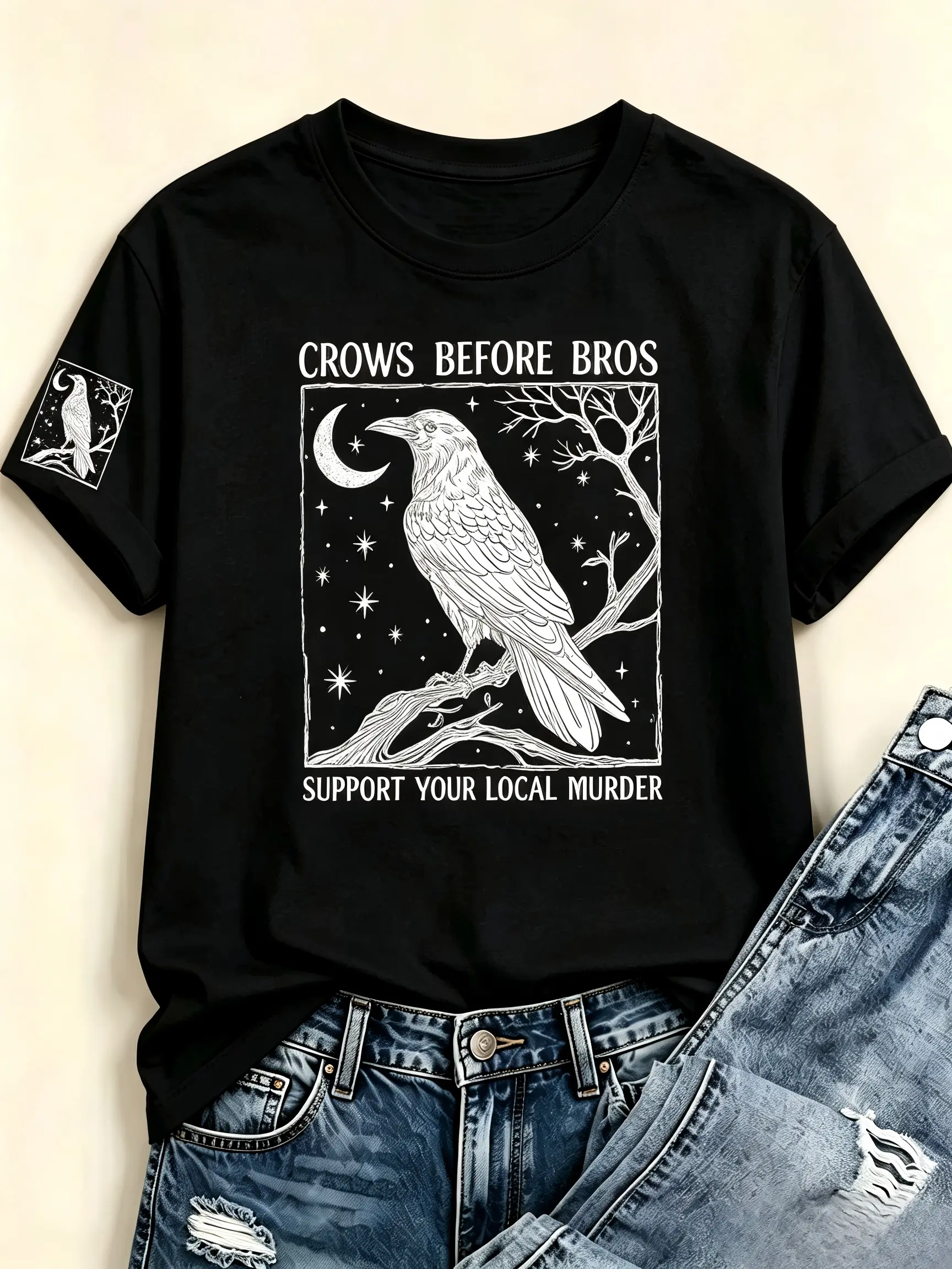 Crows Before Bros Crow Moon Vintage Graphic Double Print Cotton Crewneck T-Shirt, Dark Gothic Retro Casual Short Sleeve Top, Witchy Aesthetic Street Outfit