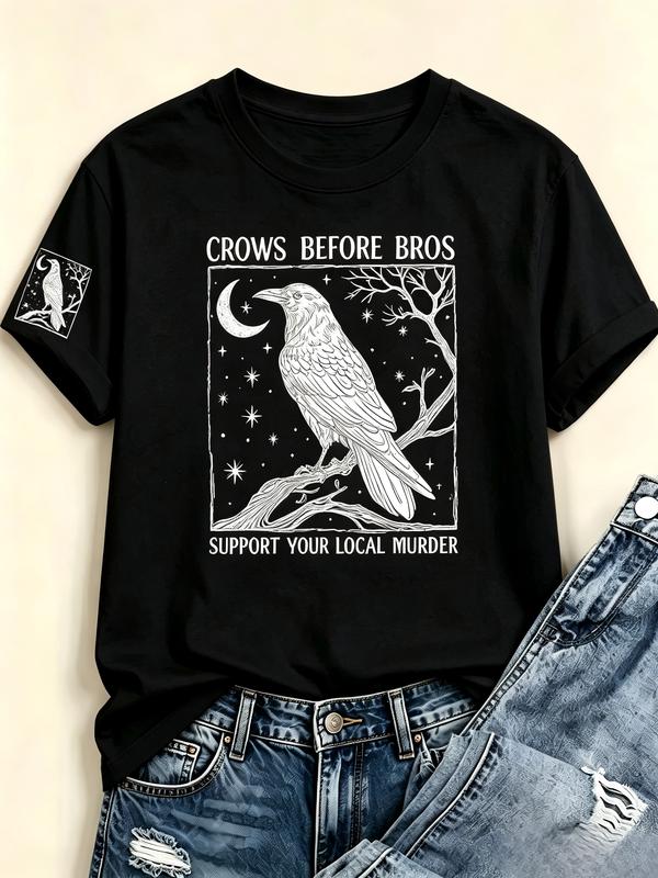 Women's Crows Before Bros Crow Moon Vintage Graphic Double Print Cotton Round Neck Short Sleeve Crewneck T-Shirt - Dark Gothic Retro Casual Witchy Aesthetic Top with Quote, Small Size Matching Outfit, Shortsleeve