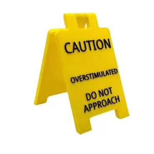 Overstimulated Alert Desk Sign - Yellow w/Black Words, Humor Gift for Colleagues, Supervisor & Team, Tiny Novelty Office Decor