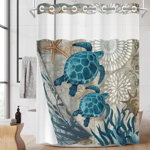 1pc 2D Flat Printing hookless shower curtain hanger liner Marine - style Sea Turtle Decorative Painting Fabric waterproof lining shower curtain with transparent window, double-layer shower curtain, 71 x 74 inches, modern home curtain decoration