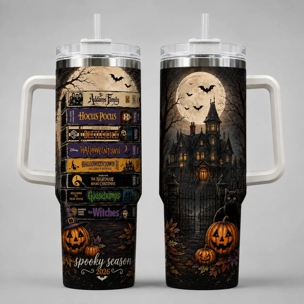 Retro 90s Movies Halloween Tumbler 40oz, Hocus Pocus - Goosebumps Halloween Cup With Handle, Spooky Haunted House Tumbler, Halloween Gift, Witchy Tumbler