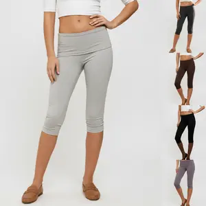 Women’s Low Rise Capri  Leggings - Yoga & Workout Wear, Fold-Over Waistband & Stretchy Knit Fabric, Minimalist Supportive Style for Gym Sessions, Breathable Moisture-Wicking Bottoms