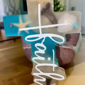 Beach Theme Faith Cross Frosted Glassy Look with Sand Sharks Teeth & Shells Handcrafted Epoxy Resin 5.75 Inches Height 3 Inches Wide Religious Decor