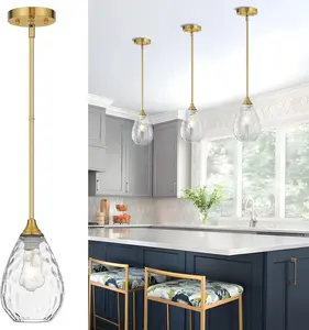 Glass Pendant Lights Kitchen Island, 1-Light Modern Brushed Gold Fixtures with Hammered Glass & Rods Small Hanging Light for Kitchen Sink Dining Room Bathroom