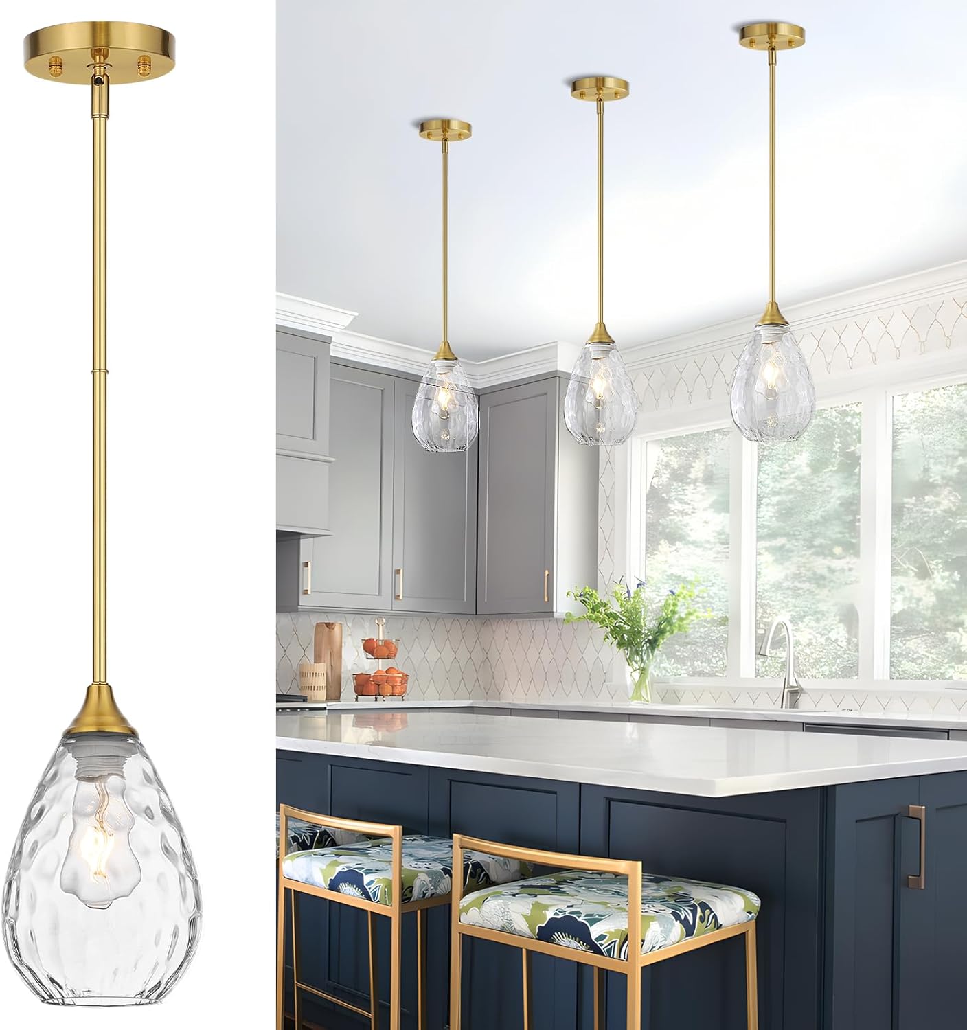 Glass Pendant Lights Kitchen Island, 1-Light Modern Brushed Gold Fixtures with Hammered Glass & Rods Small Hanging Light for Kitchen Sink Dining Room Bathroom