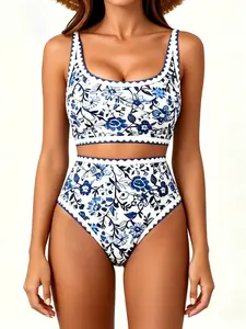 Vintage High Waisted Floral Bikini Set for 2026 | Flattering Two-Piece Swimsuit with Green & Blue Prints | Spring Break Must-Have one size plus women's women tankini thong