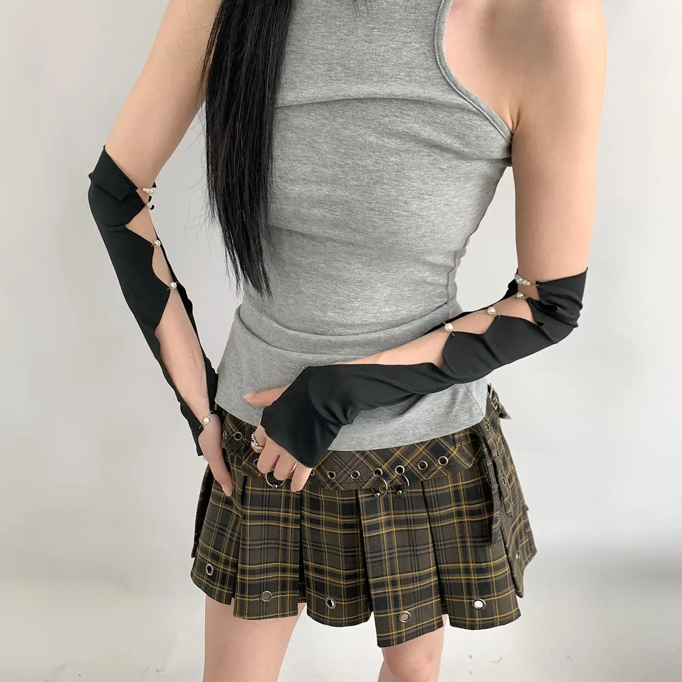 Pearl Black Animal Print Cotton-Poly Hollowed-Out Half-Finger Arm Warmers, Elastic Harajuku Dual-Use Bead Calf Socks for Summer Sunscreen