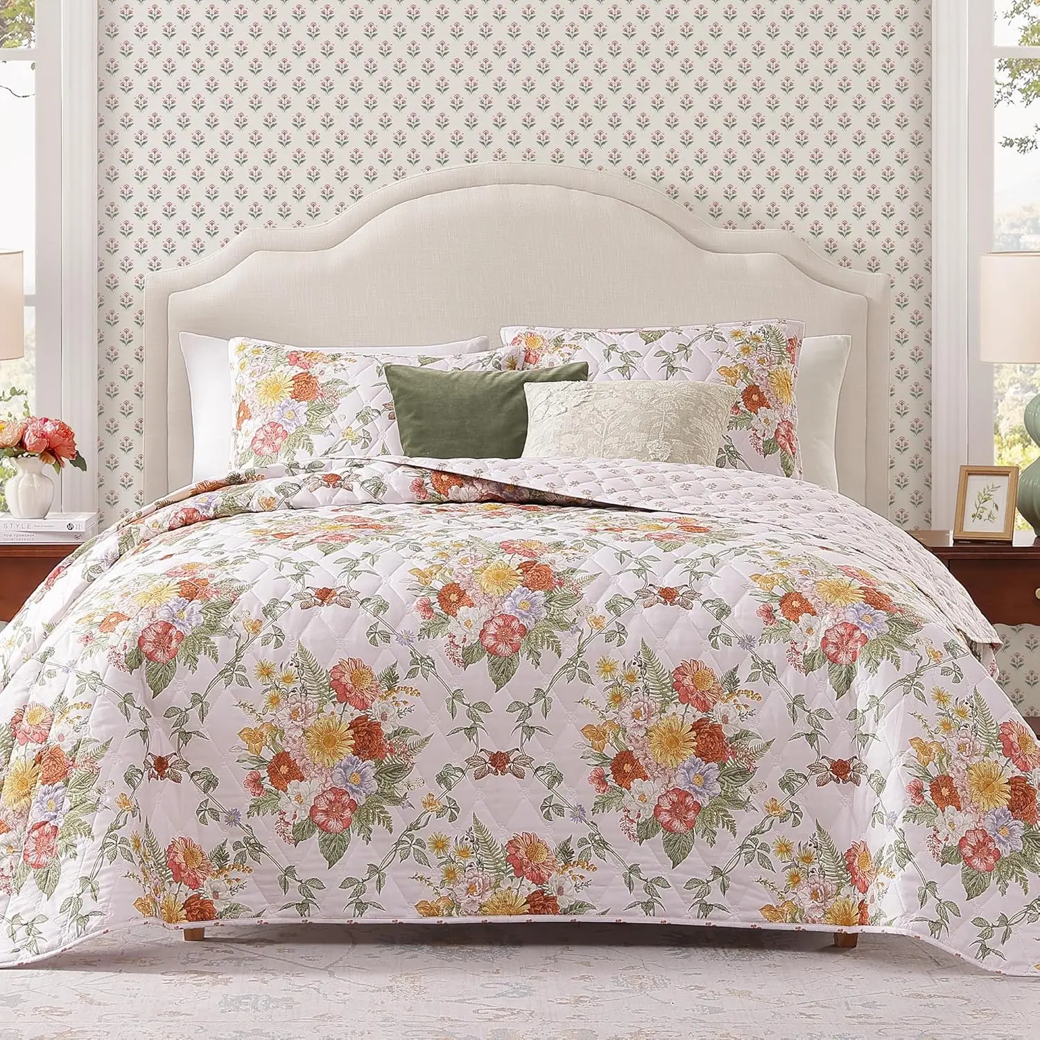 【Summer Sales Deals】King Size 3-Piece Reversible Lightweight Soft Bedding Set, Floral Garden Farmhouse Botanical Diamond-Stitched Quilt Bedding Set with 2 Pillow Shams for All Seasons; Twin Size 2-Piece Reversible Lightweight Soft Bedspread Coverlet