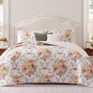 Beige Floral Quilt Set King Size, 3 Piece Reversible Lightweight Soft Bedspread Coverlet, Garden Farmhouse Botanical Diamond Stitched Bedding Set with 2 Pillow Shams for All Seasons
