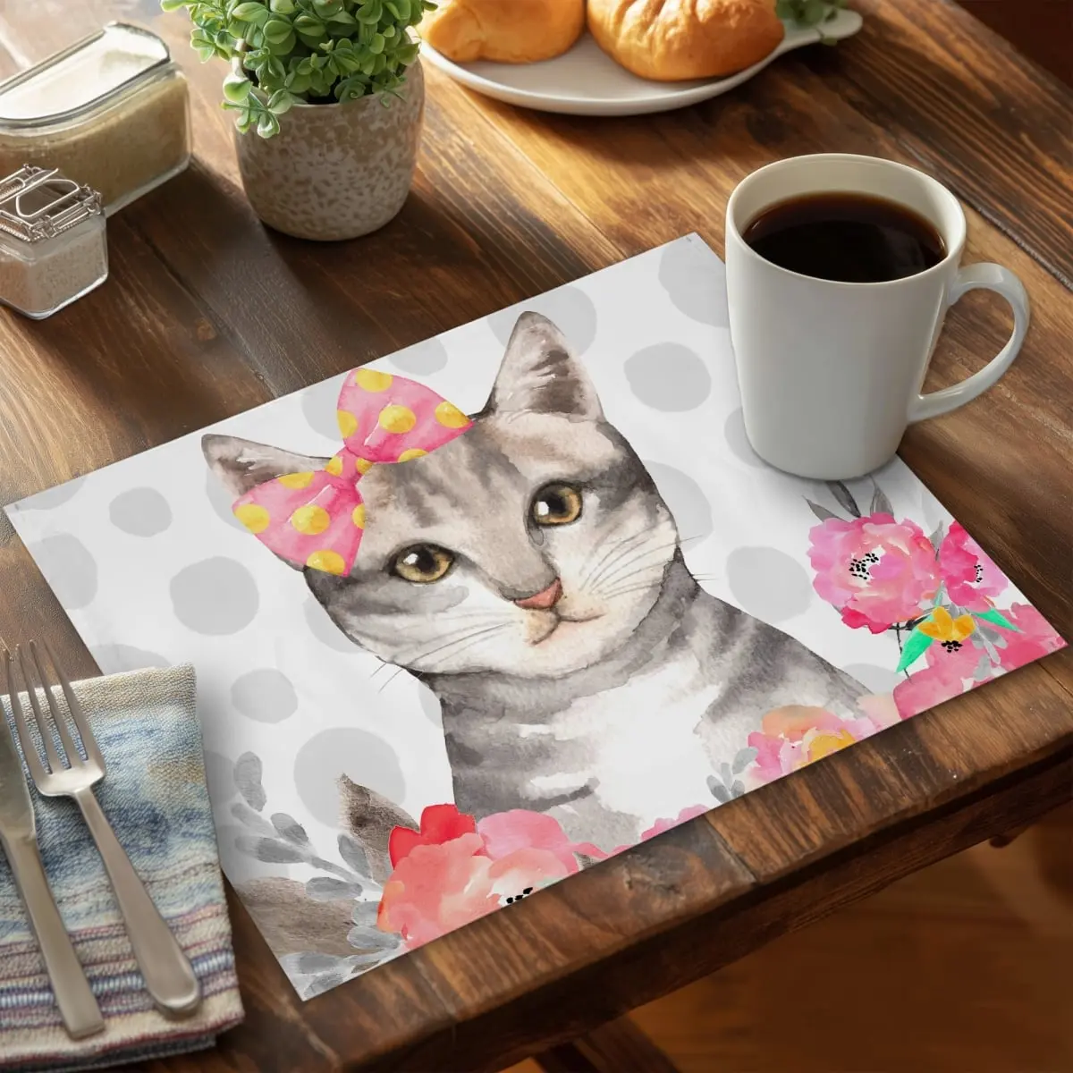 Household Placemat - 14x18 in Rectangle Polyester Mat with 360 Stand, Vibrant Cat Animal Print, Indoor Kitchen Decorative Placemat, Stylish Tableware Accessory, Animals, Durable