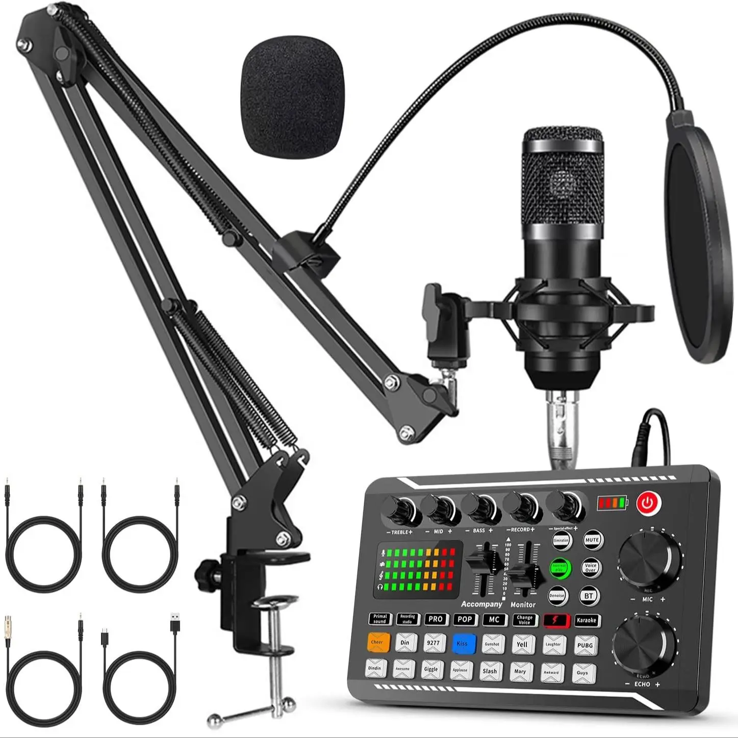 Professional Podcast Microphone Bundle, USB Rechargeable Condenser Mic with Live Sound Card Kit, Voice Changer & Mixer Functions Microphone Bundle for PC Smartphone, Audio, USB Audio Interface