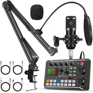 Professional Podcast Microphone Bundle, USB Rechargeable Condenser Mic with Live Sound Card Kit, Voice Changer & Mixer Functions Microphone Bundle for PC Smartphone, Audio, USB Audio Interface