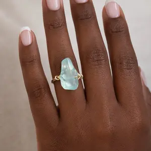 Aqua aura quartz healing crystal ring , energy healing, Iridescent Blue Titanium Coated Gemstone,