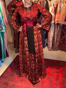 TALAJAZZY Traditional Black & Red Palestinian Fallahi Tatreez Thobe - with Matching Headpiece & Belt- Henna & Special Occasion - All Seasons Wear