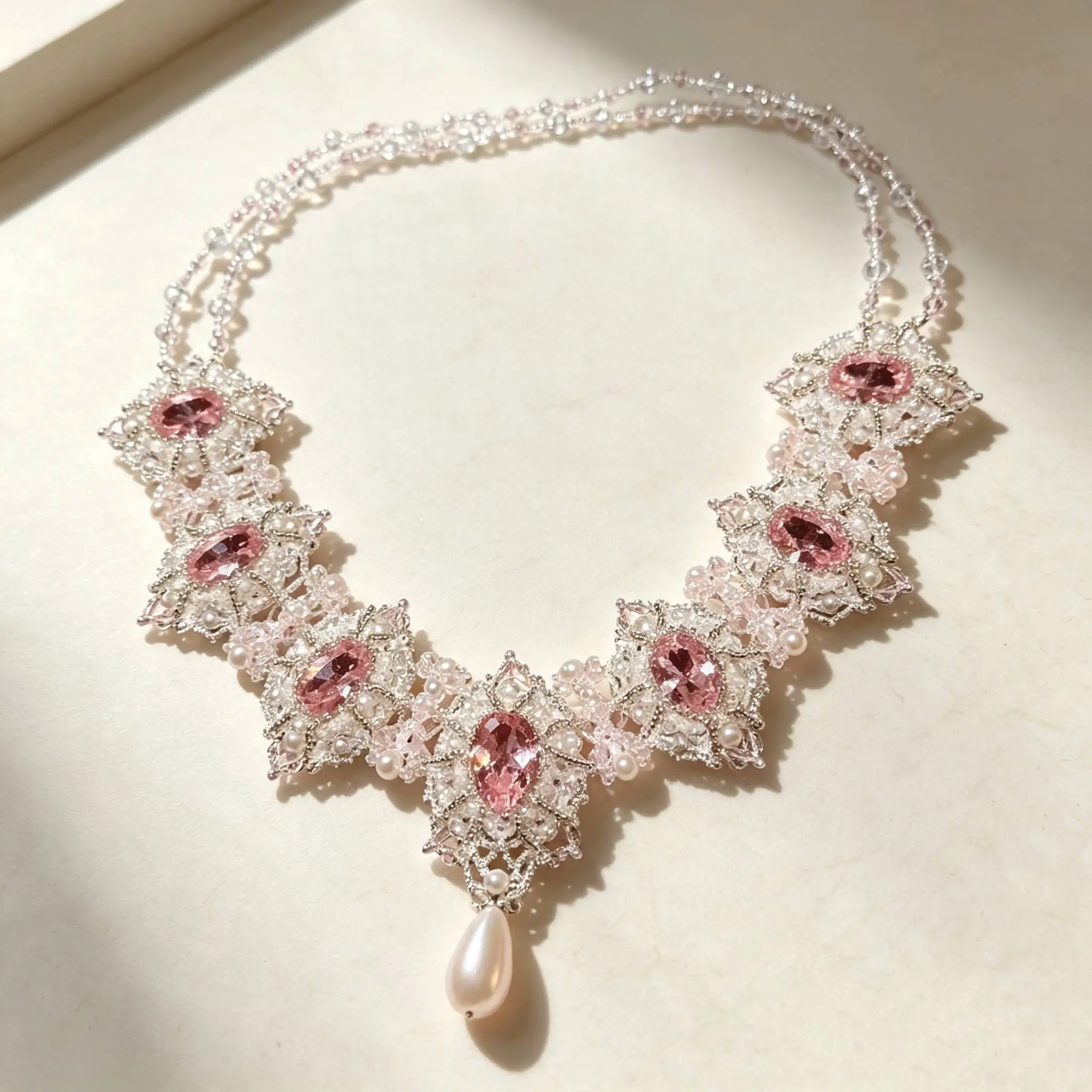 French vintage rose rhinestone lace collar necklace with a teardrop pearl pendant, affordable luxury princess style, suitable for banquets and wedding gowns, collarbone length