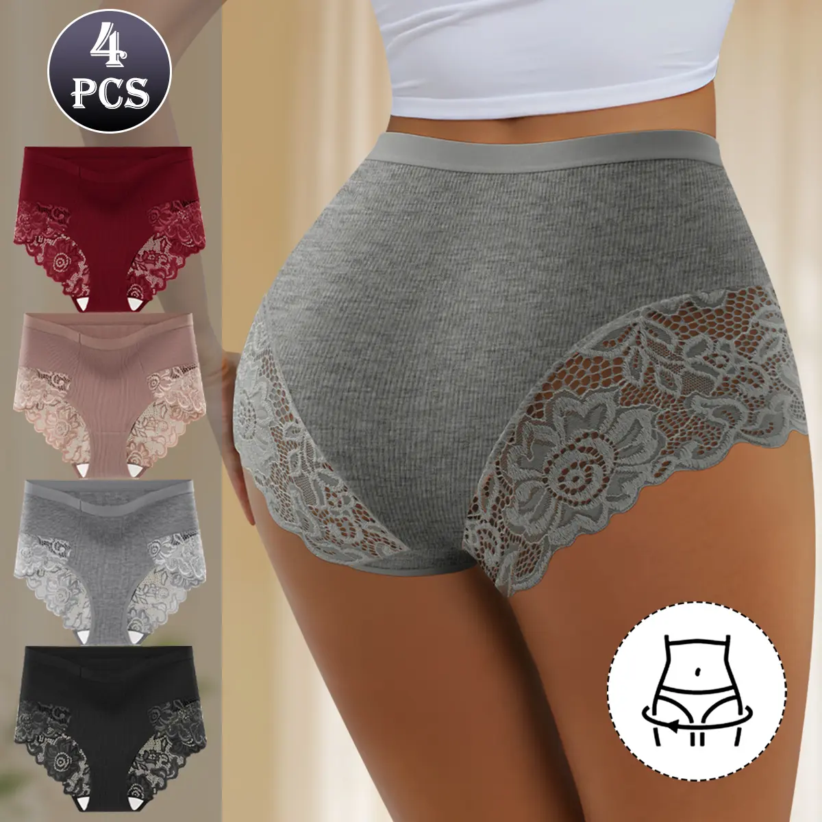 QUASTI 4PCS Women's High-Waisted High-Cut Soft Cotton Panties - Lace Detail, Fit, Minimalist Chic, Breathable, Elastic Mixed-Color, Elegant Basic Underwear for Daily Wear, S-XXL
