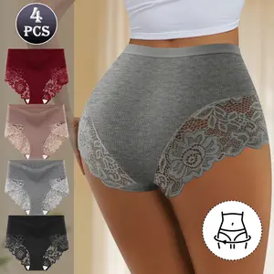 QUASTI 4PCS Women's High-Waisted High-Cut Soft Cotton Panties - Lace Detail, Fit, Minimalist Chic, Breathable, Elastic Mixed-Color, Elegant Basic Underwear for Daily Wear, S-XXL summerwins