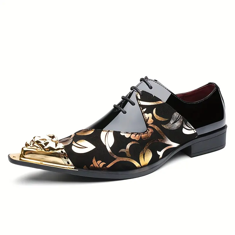 Glossy smooth leather split upper slip-on shoes, floral print fabric splicing metal decorative toe cap low block heel vintage banquet casual slip-on footwear