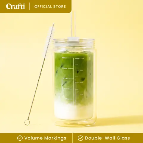 Crafti Slow Sippin' Glass Tumbler with Straw & Lid 11.8oz - 350ml Double-Walled Glass Coffee Cup, Matcha Cup with Volume Markings, Tritan Straw & Cleaner - Reusable, BPA-Free Iced Coffee Tumbler