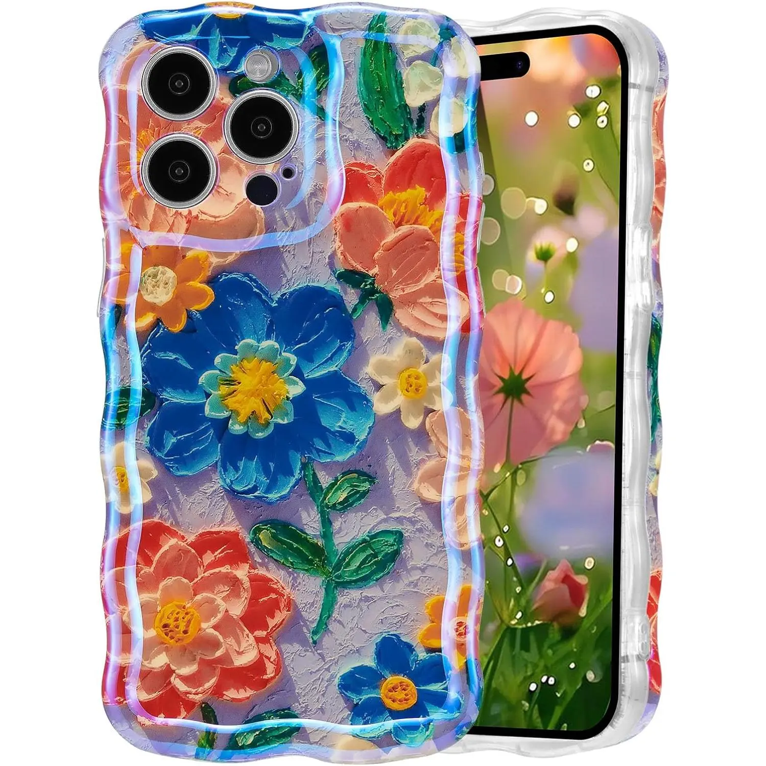Lantus case for iPhone 16 Pro Max, Colorful Retro Oil Painting Printed Flower Laser Glossy Pattern Cute Curly Wave Edge Exquisite Phone Cover Stylish Durable TPU Protective Case for Girl Women-Green Protection Diamond