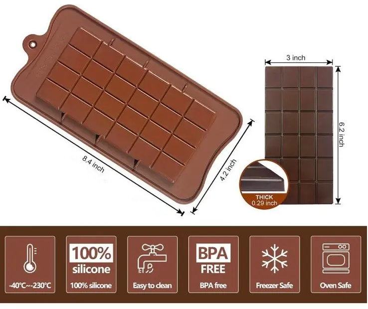 Medium Chocolate Bar Silicone Mold 6.2"x3"x0.5" - 100% Silicone BPA Free Easy to Clean Freezer Safe Oven Safe 8.4" x 3" x 0.5"