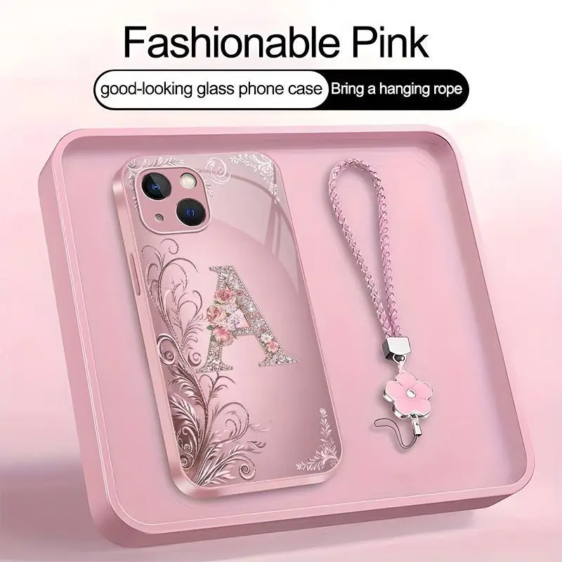Suitable for [iPhone 13 Mini] high-end women's phone case🤩，a beautiful four-leaf clover lanyard is included🍀，Exquisite floral print, non-3D rhinestones, 26 letters to choose from YM99