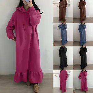 Women's 2025 Autumn & Winter Fleece-Lined Hooded Sweatshirt Dress, Plus Size Straight Loose Long Maxi Dress with Pockets, Casual Oversized Long-Sleeve Hoodie Dress for Cold Seasons, Multiple Colors Available