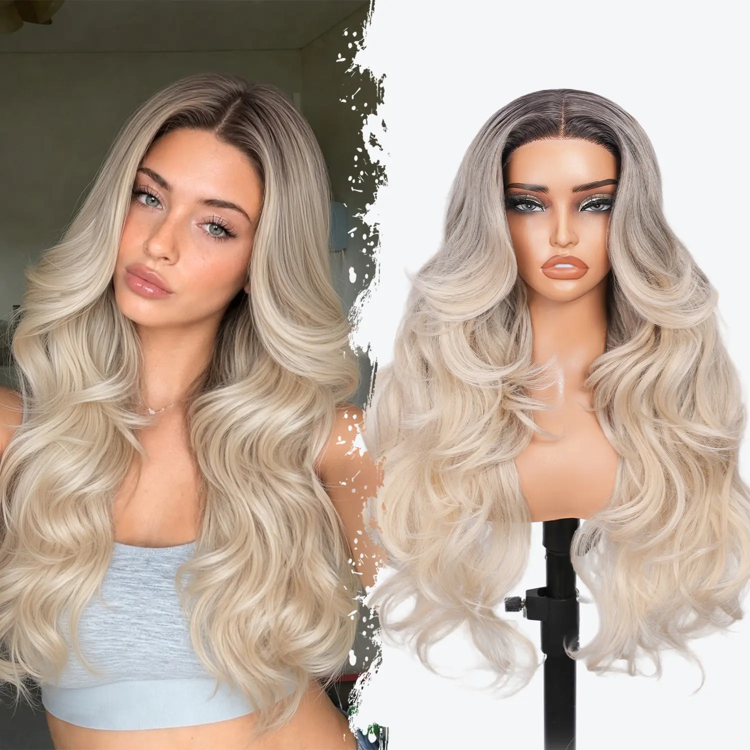 Wigaga 28 inch Ombre Yellow Gray Body Wave Wig, 13x4x1 HD Lace Glueless T-Part Lace Front Synthetic Wig for Women, Pre-Plucked Natural Hairline with Baby Hair, 200% Density, Soft Lightweight Heat-Resistant Premium Fiber, Middle Part free small wavy