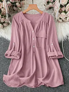 Plus Size Women's Loose Fit Slimming V Neck Button Blouse Shirts Tops, Solid Textured Breathable Fabric, Office/ Daily Wear, Peach Adjustable Three-Quarter Sleeves, Lady