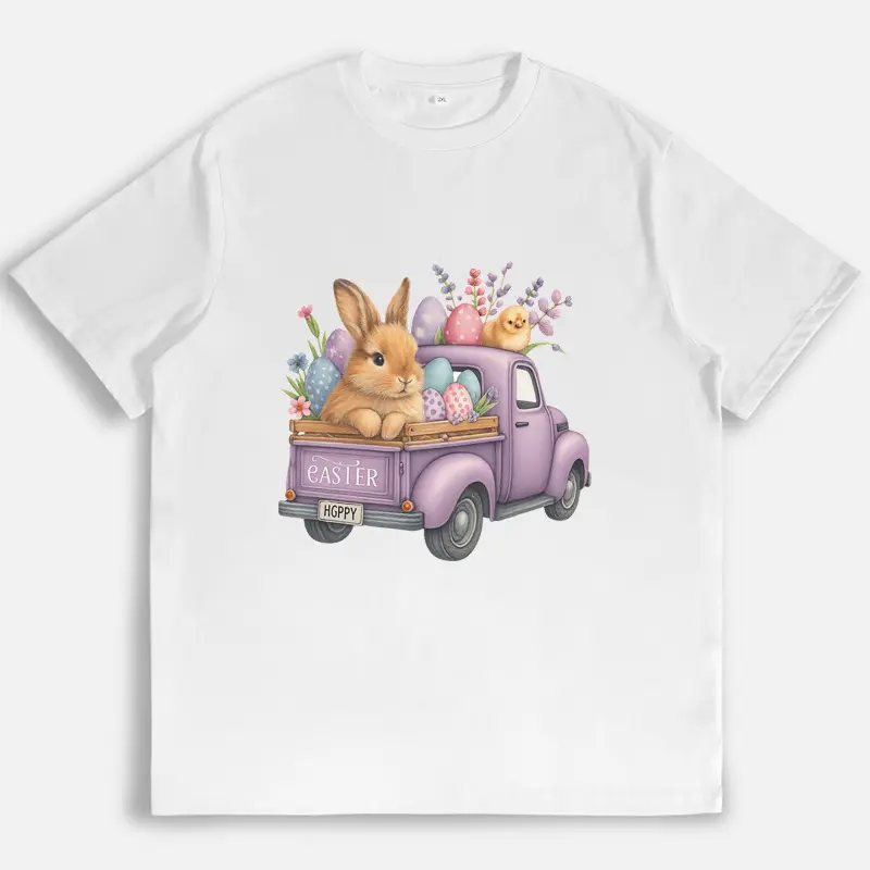 Women's Soft Cotton Short-Sleeve Top - Cute Easter Bunny Face Graphic T-Shirt, Vintage Truck, Eggs, Floral Pastel Aesthetic Streetwear, Casual Everyday Outfit Gift For Her, Shortsleeve, Tshirt