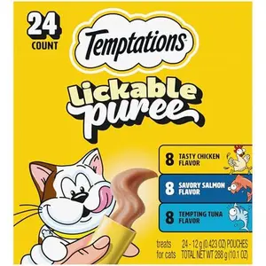 Temptations Creamy Puree Squeezable Lickable Cat Treats, Wet Cat Treats with Chicken, Salmon, and Tuna Variety Pack, 0.42 oz. Tubes, 24 Count