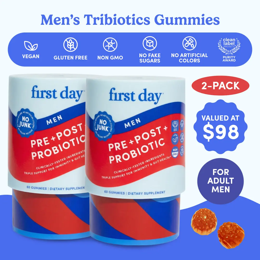 First Day Men’s 3-in-1 Probiotic Gummies – World’s First Men's Tribiotic for Gut Health, Energy & Muscle Performance – Tropical Kiwi Guava Flavor Supplement – Ages 18+ – 2-Pack, 60-Day Supply
