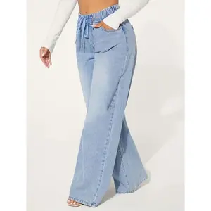 Women's Jeans Chic Womens Blue Drawstring Jeans - Comfort Elastic Waist, Relaxed Baggy Style, Distressed Washed Wide Legs - Premium Denim ClothingGift
