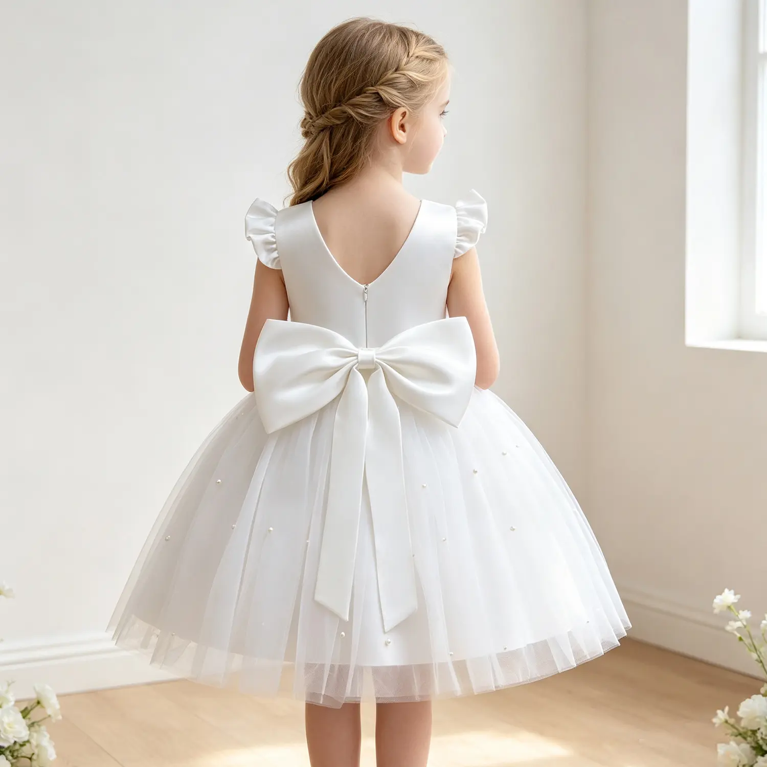 Elegant White Pearl Tulle Princess Dress for Girls 3-7 | Formal Party Gown Flower Girl Wedding Birthday Communion Gown