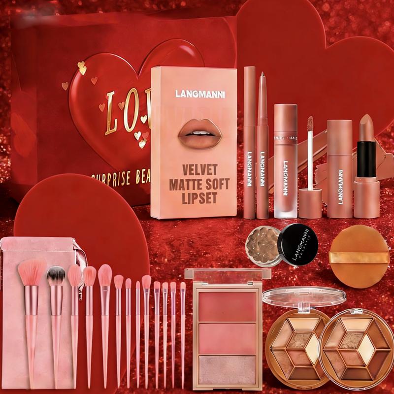 Love set Cosmetic combination, including  set of  brushes, three-color  plate, eyeshadow, concealer, lipstick, lip liner, lip glaze set, puff, Valentine's Day, wedding, gift  makeup kit Complete AirBrush Makeup Set with Primer essential bundle