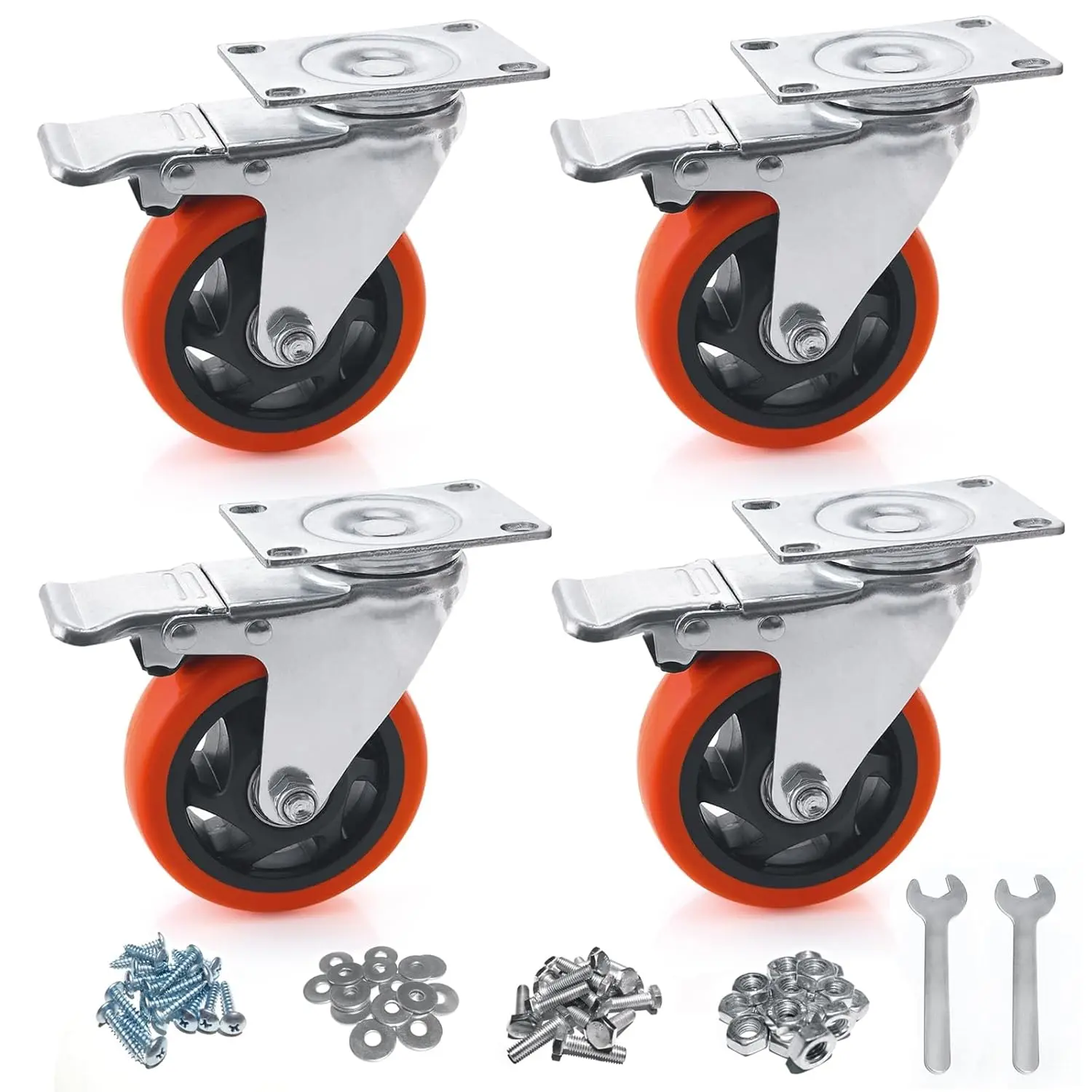 4 Inch Plate Casters Set of 4 Heavy Duty,Swivel Caster Wheels with Locking Brakes,Non Marking Silent Polyurethane (PU) Castor Wheels for Cart Furniture,Cabinet,Table,Load 2200 lbs