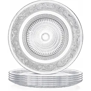 Set of 6 Glass Dinner Plate, 10 Inch Large Serving Plate Round Clear Glass Plate, Vintage Embossed Dinnerware for Pasta, Salad, Home Wedding Decor