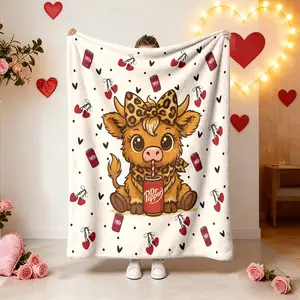 leopard print highland cow, Cow Pattern Blanket, love cherry print flannel blanket, skin-friendly, soft, machine washable, suitable for office and home, suitable for all seasons, sofa blanket, bed blanket, Valentine's Day gift, Cozy Throw Blanket