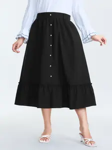 BLOOMCHIC Women's Plus Size Rayon Fabric Midi Skirt - Smooth Lady's Bottom with Pearl Buttons, Pockets, Frill, Flattering Fit, 2026 Summer Pick, Sizes M-6X 2026 Summer Vibes Womenswear