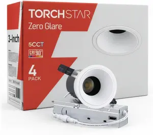 TORCHSTAR 3 Inch 5CCT Anti Glare LED Recessed Lights with J-Box, Ultra-Slim Trim Gimbal Ceiling Light, 2700-5000K, Pack of 4