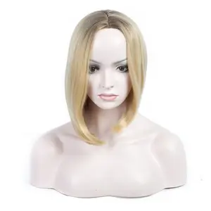 Synthetic fiber wig for women, middle-parted short straight hair, bob style, full head cover