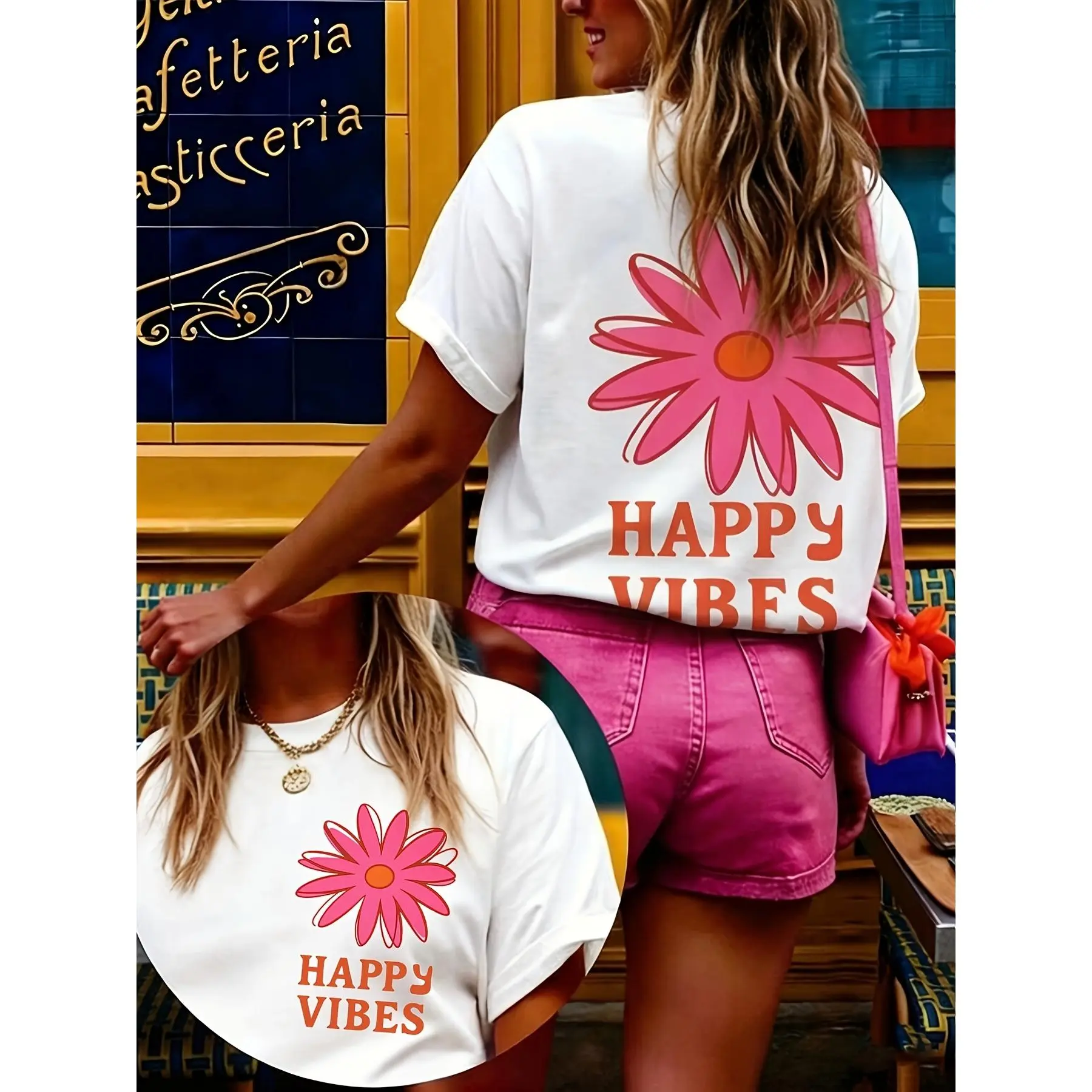 Happy Vibes Pink Daisy Print Women Oversize Tshirt Summer Casual Crew Neck Soft Cute Tee For Vacation Beach Daily Wear Aesthetic Trendy Ladies Tops